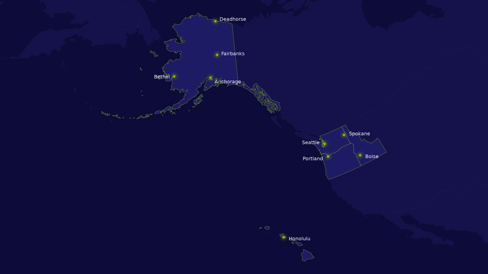 Stylized map of Alaska, Hawaii, and the Pacific Northwest highlighting Anchorage, Fairbanks, Deadhorse, Bethel, Honolulu, Seattle, Spokane, Portland, and Boise