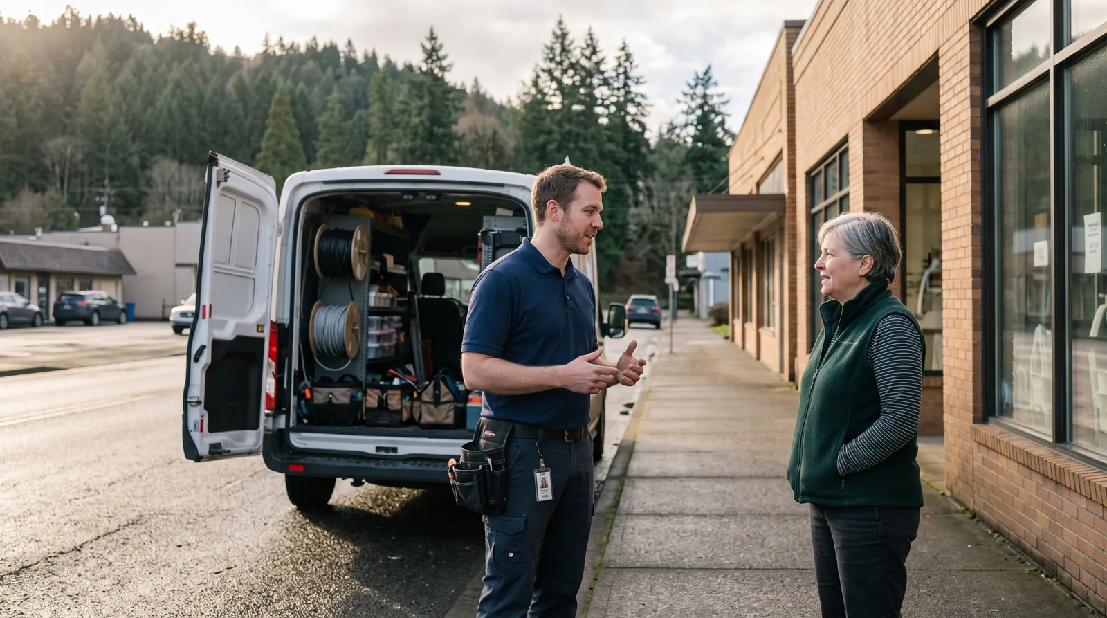 A technician and a business owner talking outside a small-town storefront